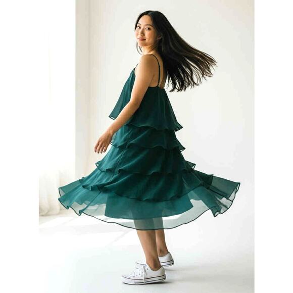 SL Fashions Green Chiffon Tiered Ruffle Beaded Dress Women’s L Cocktail Party - Picture 2 of 6